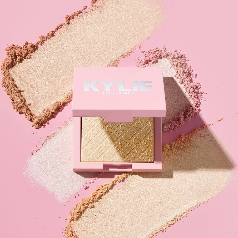 Kylie Cosmetics highlighter compact with custom-embossed logo pattern